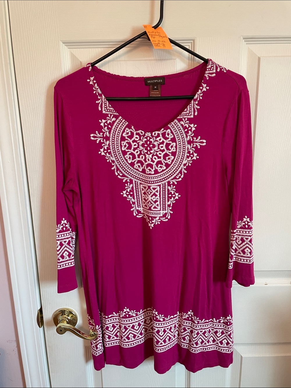 Multiples Magenta Tunic with White Embroidered Neckline